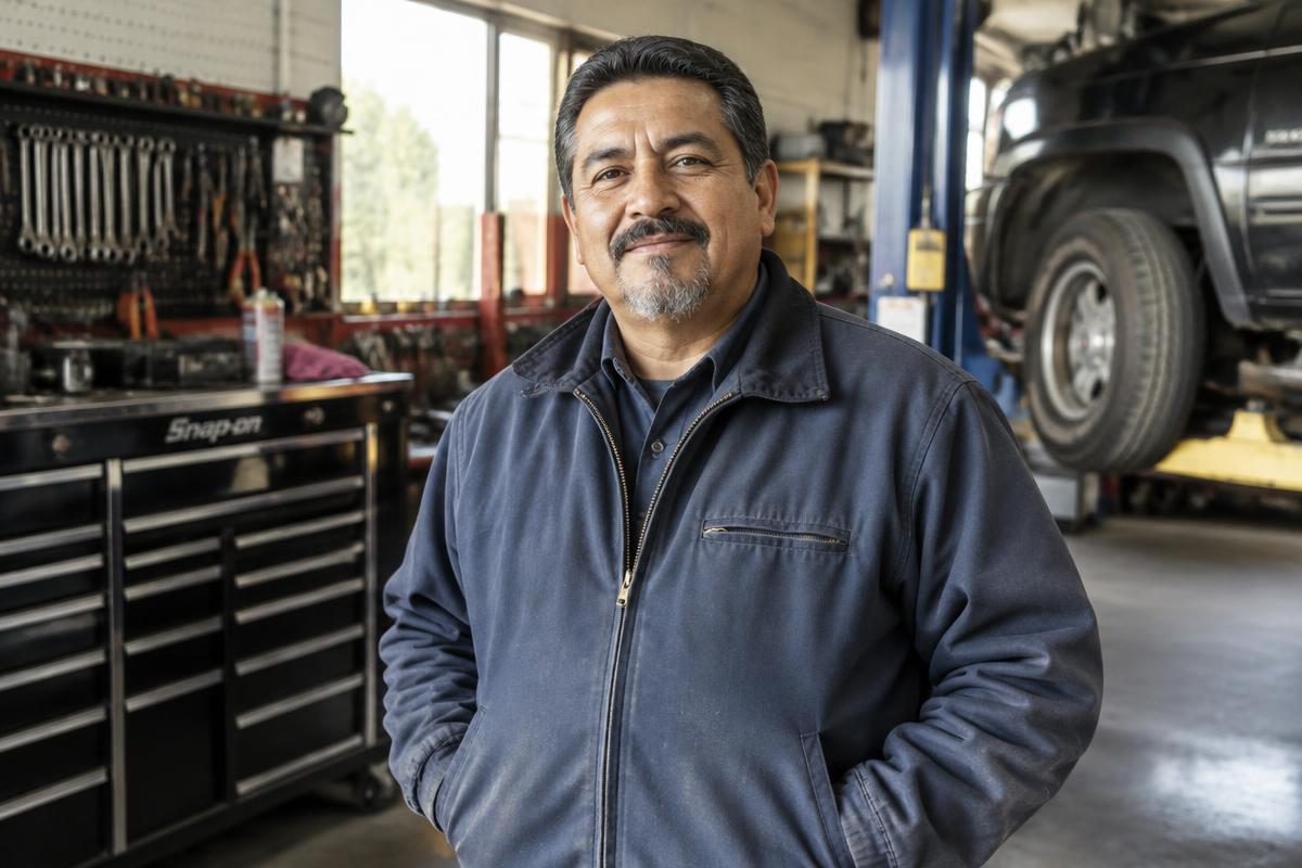 Workshop owner standing in his garage