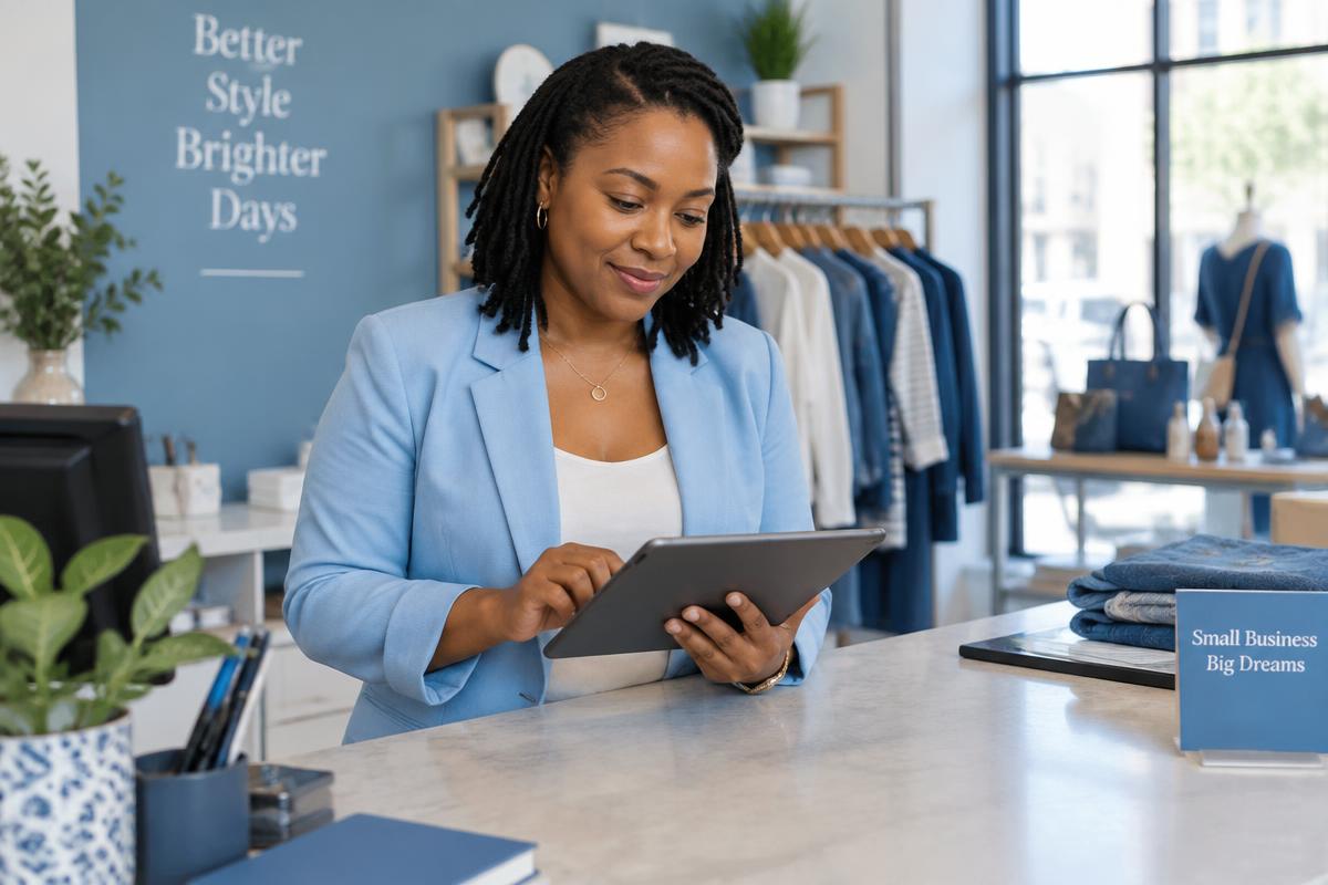 Boutique owner checking inventory on a tablet